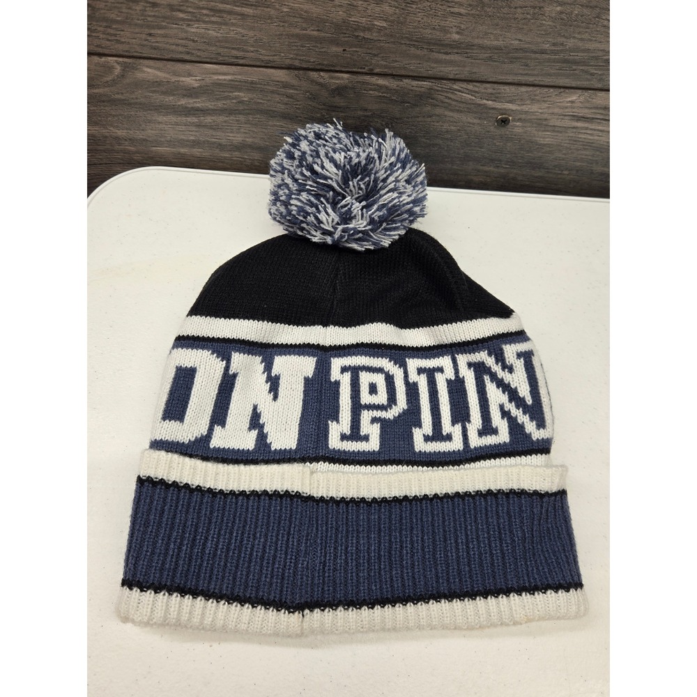 Victoria secret Beanie Hat Navy Blue White Pom Pom Cuffed‎ Winter Cap